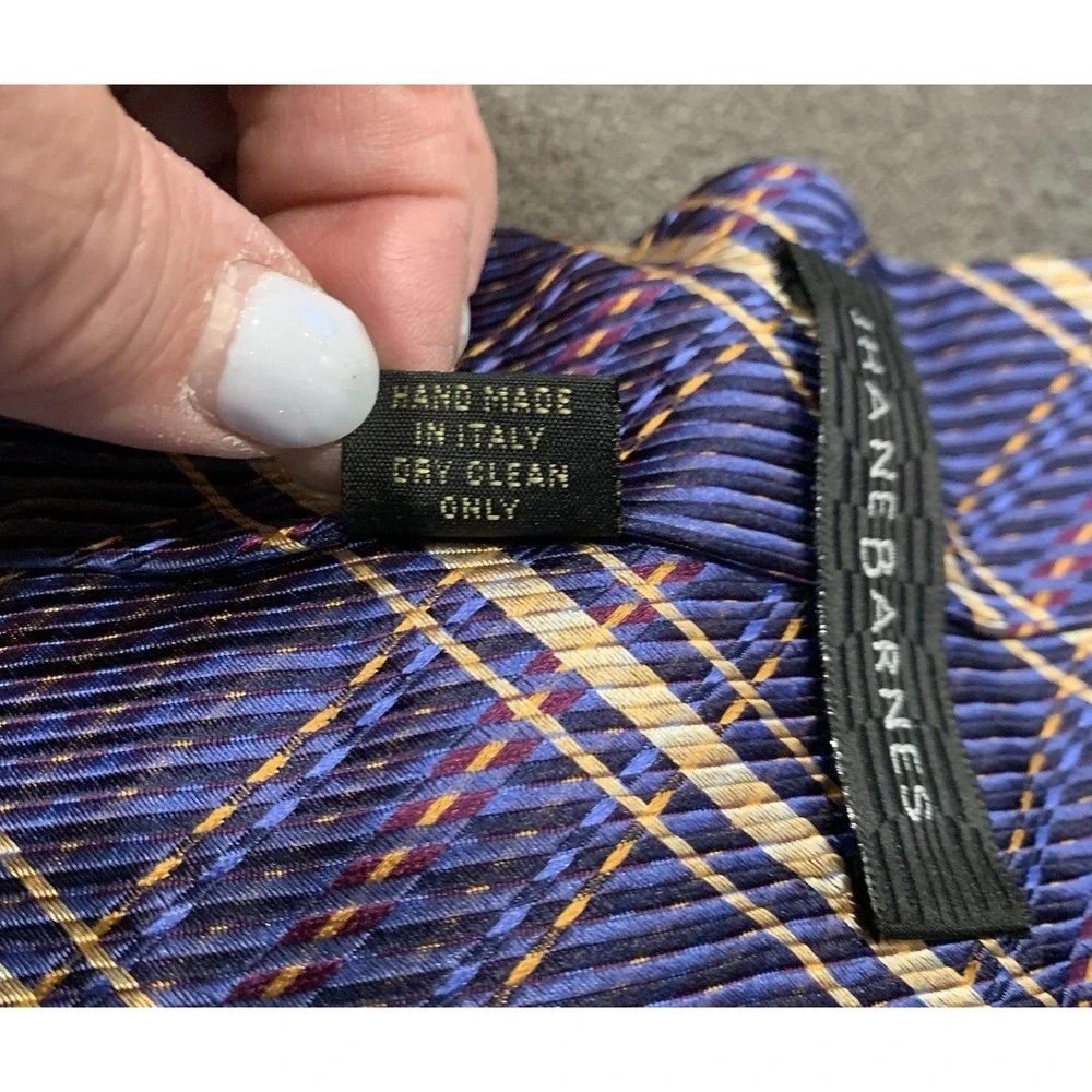 JHANE BARNES 100% Silk Necktie‎ Hand Made In ITALY Blue Beige Plaid EUC